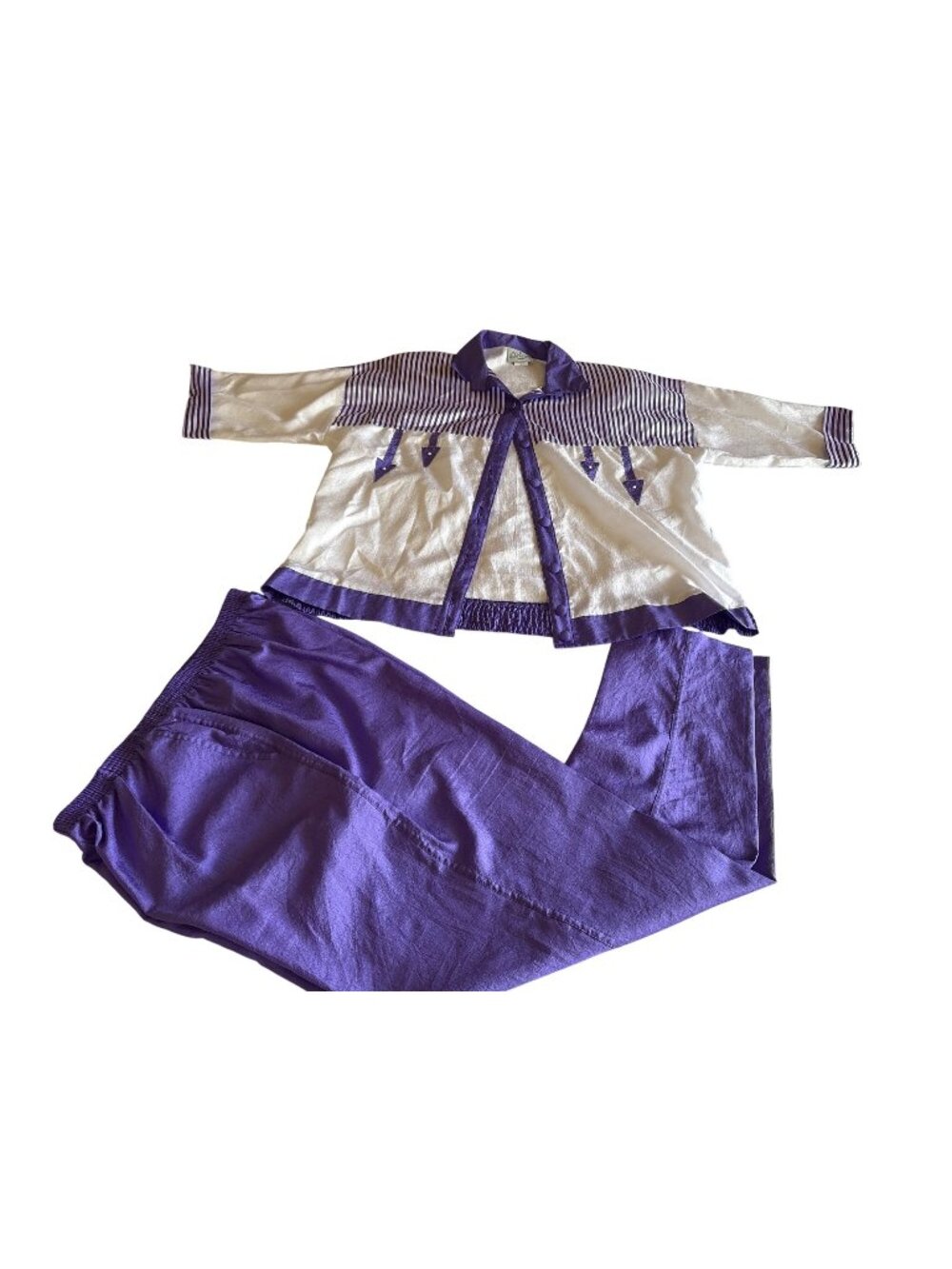 Purple & White 2-Piece Set Elastic Waist Pants & Button Top Large USA Womens